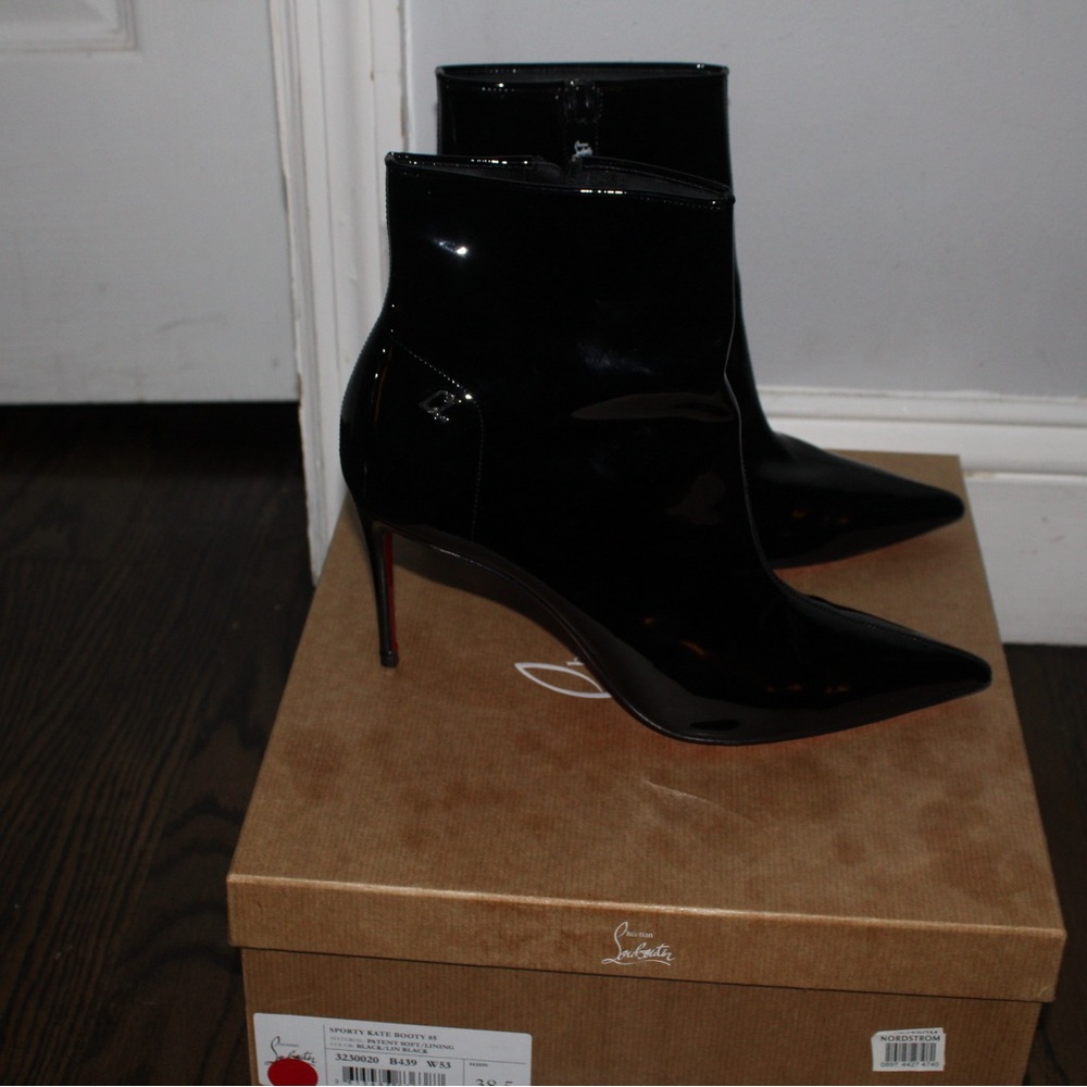 Christian Louboutin Black Patent Leather Sporty Kate 85 Ankle Bootie Boot